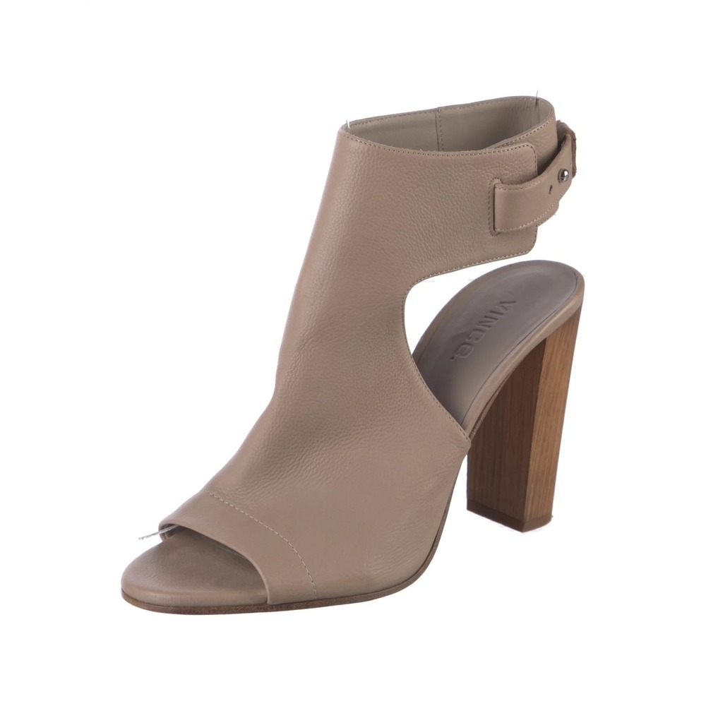 Vince Taupe Leather Peep Toe Block Heel Booties Side Cutout Made‎ in Italy 8